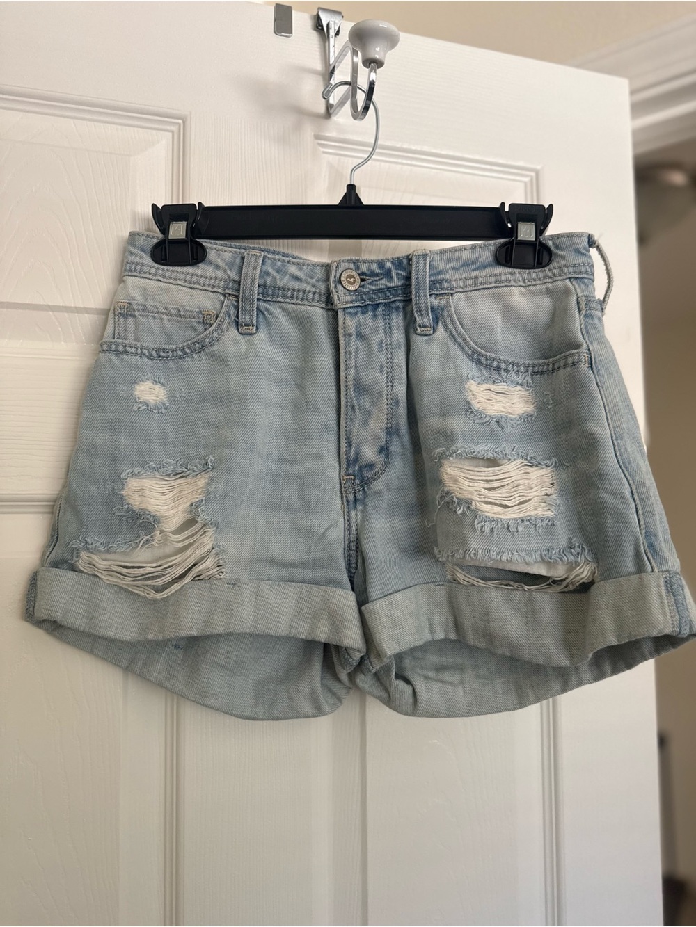 Hollister Light Blue Distressed Rolled-Hem Jean Shorts